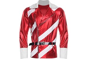 Freebily Xmas Jacket for Men Notched Collar Long Sleeve Zipper Striped Metallic Faux Leather Belt Coat