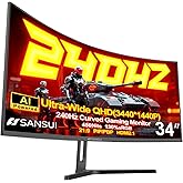 SANSUI 34 Inch 240Hz Ultrawide Curved Gaming Monitor UWQHD 3440×1440, 21:9 2K Curved Monitor 1500R,HDR400,Fast VA, PIP/PBP,AI Crosshair,AIPQ(Visual Enhance),MPRT 1ms,HDMI2.1*2,DP1.4*2(DP Cable Incl.)