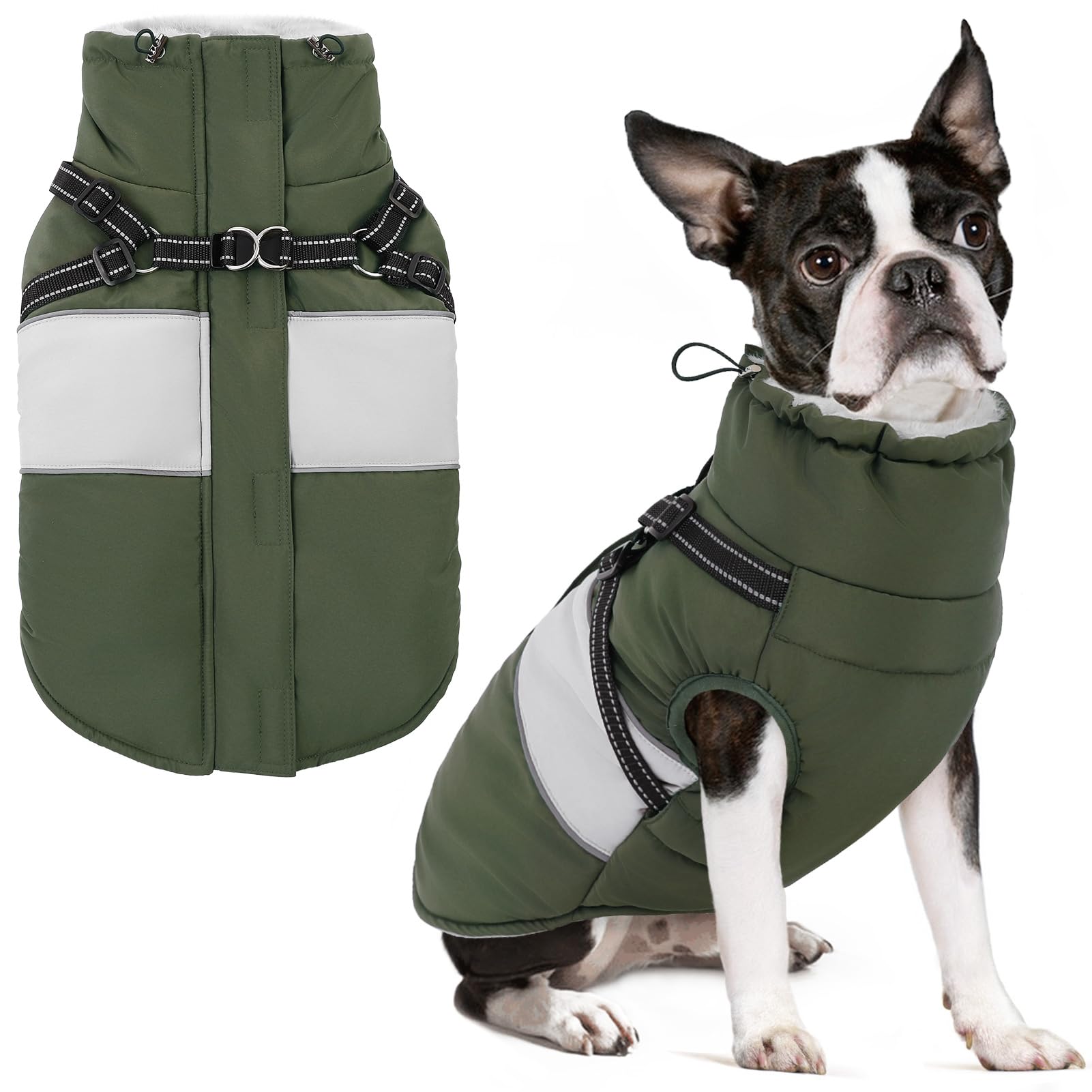 Photo 1 of SUNFURA Dog Winter Coat, Waterproof Dog Coat Jacket with Harness for Medium Dogs Boys Girls, Reflective Fleece Lined Pet Snow Jacket Sweaters for Pug, Jack Russel, Boston Terrier, Army Green M