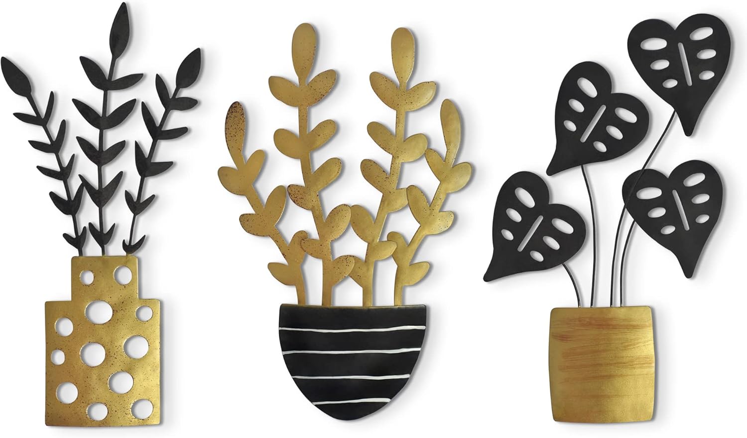 Plaques & Wall Art - Americanflat Three Metal Plants Wall Décor Set - 3x10 Plants as Outdoor Metal Wall Art Decorations - Modern Style Wall Hanging Décor for Patio, Garden - Metal Indoor Wall Art,Black/Gold