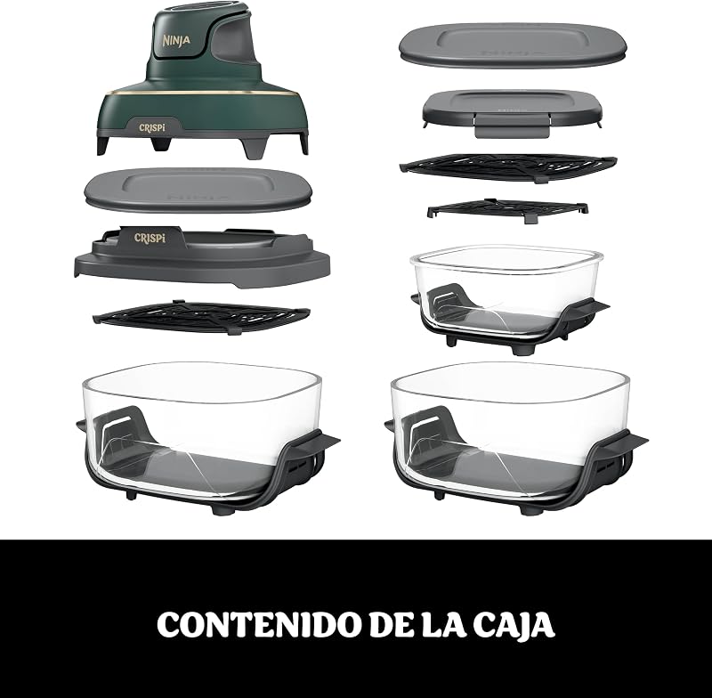 CRISPi Freidora de aire portátil 4 en 1, 3,8L/ 2,3L/ 1,4L : Freír con aire, Asar, Mantener la temperatura, Dorar. Compacta, 6 raciones, 3 recipientes de cristal y tapas, 1700 W Verde FN103EUGN — foto 3 de 8