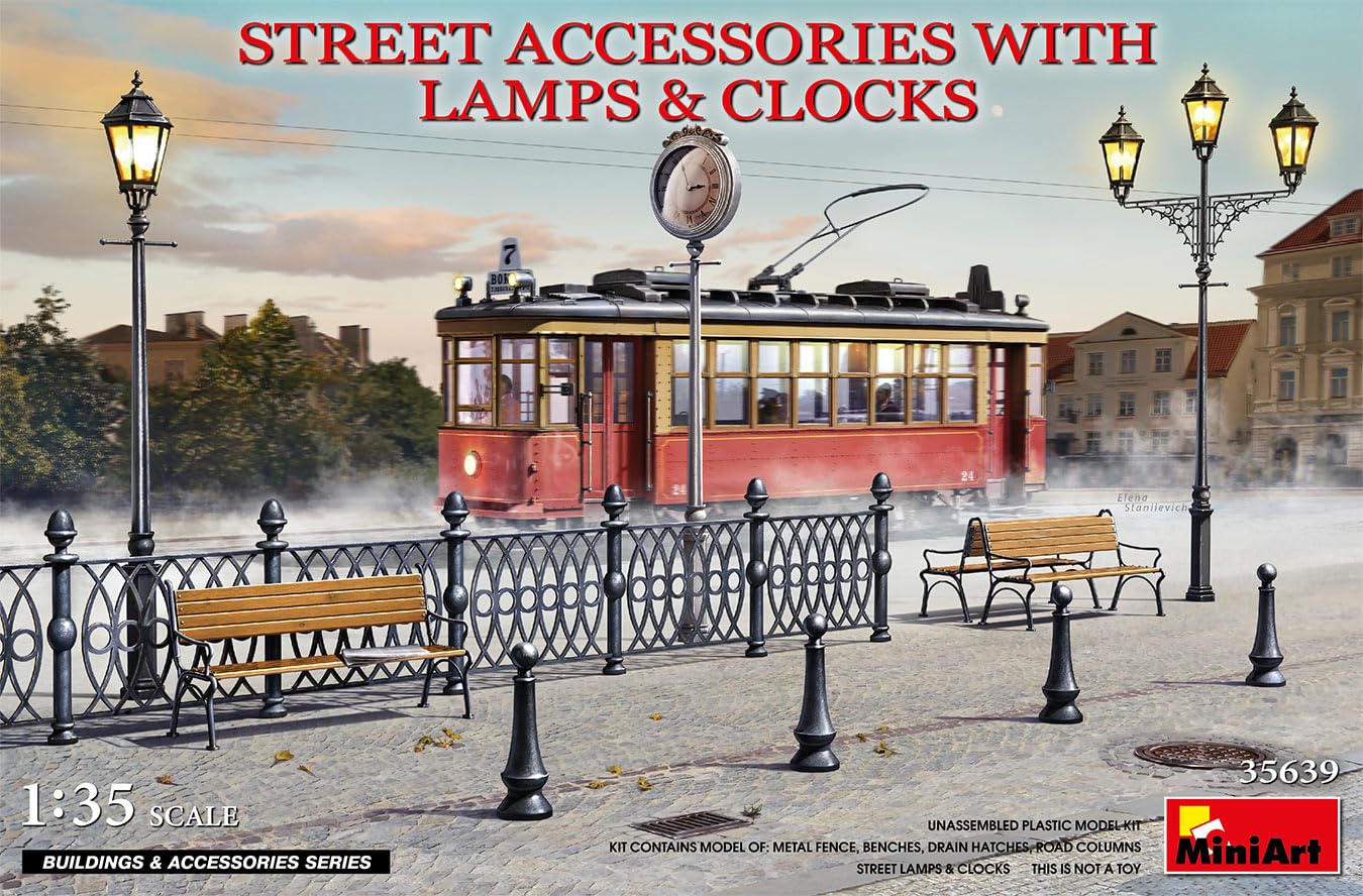 Miniart MIN35639 1:35-Street Accessories w/Lamps & Clocks Scale Model kit, Molded Color