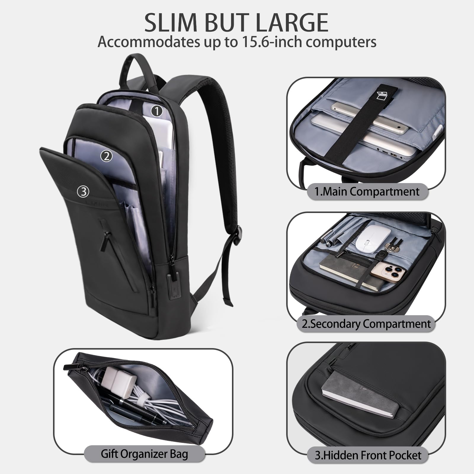 Business Backpack for Men Lightweight Commute Laptop Backpack Anti-Theft Water Resistant Backpack for 15.6 Inch Computer for Daily Office Work with Small Bag (Black)