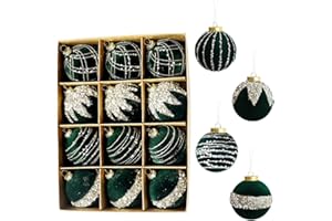JOYWU Red Velvet Christmas Ball Ornaments,12 Pcs 2.4 in Flocked Green Xmas Tree Ball Decoration with Glitter Sequins,Shatterp