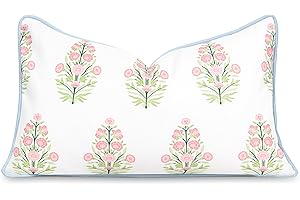 Hofdeco Premium Coastal Patio Indoor Outdoor Lumbar Pillow Cover Only, 12"x20" Water Repellent for Backyard, Couch, Pink Green Baby Blue Floral with Piping