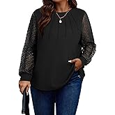 Eytino Womens Plus Size Tops Lace Long Sleeve Waffle T Shirts Casual Crewneck Tunic Tops(1X-5X)