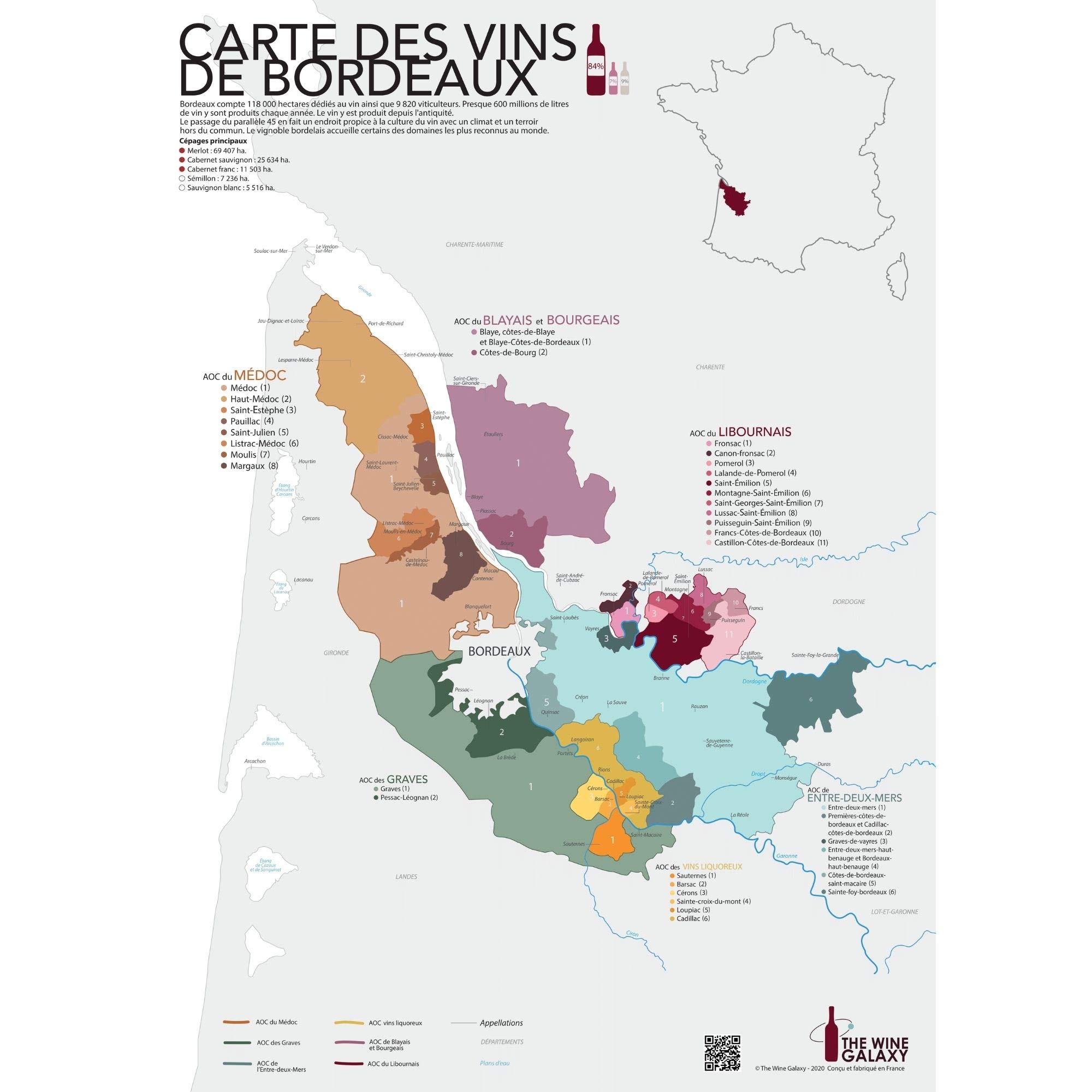 The Wine Galaxy Gift idea: Wine de Bordeaux Printed Map (Standard Size 50 x 70 cm) | Wall Poster on Le Vine de Bordeaux | Poster with Wine Map of Bordeaux