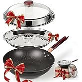 13.07-Inch Carbon Steel Wok Pan with Lid: Woks & Stir-Fry Pans Nonstick with Steamer for Cooking Pan Set, Large Deep Chinese Frying Saute Pan Wok Skillet, Induction Compatible, Stay-Cool Handle, Gifts