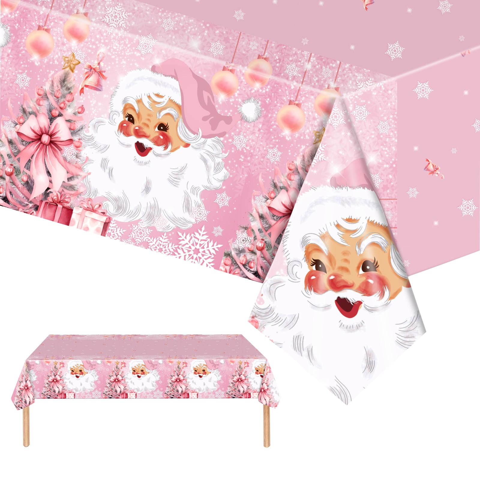 2 Pack Plastic Tablecloths, 137*274cm Pink Santa Xmas Table Covers - Large Christmas Party Table Cloth for Winter Holiday, Pink Christmas Table Décor