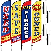 Remagr 4 Sets/ 8 Pcs Used Cars Flag Pole Kit 15 ft Second Hand Cars Dealer Flags Set Includes 4 Pole and 4 Flag Car Dealership Supplies Finance Pre Owned(Bright Color)