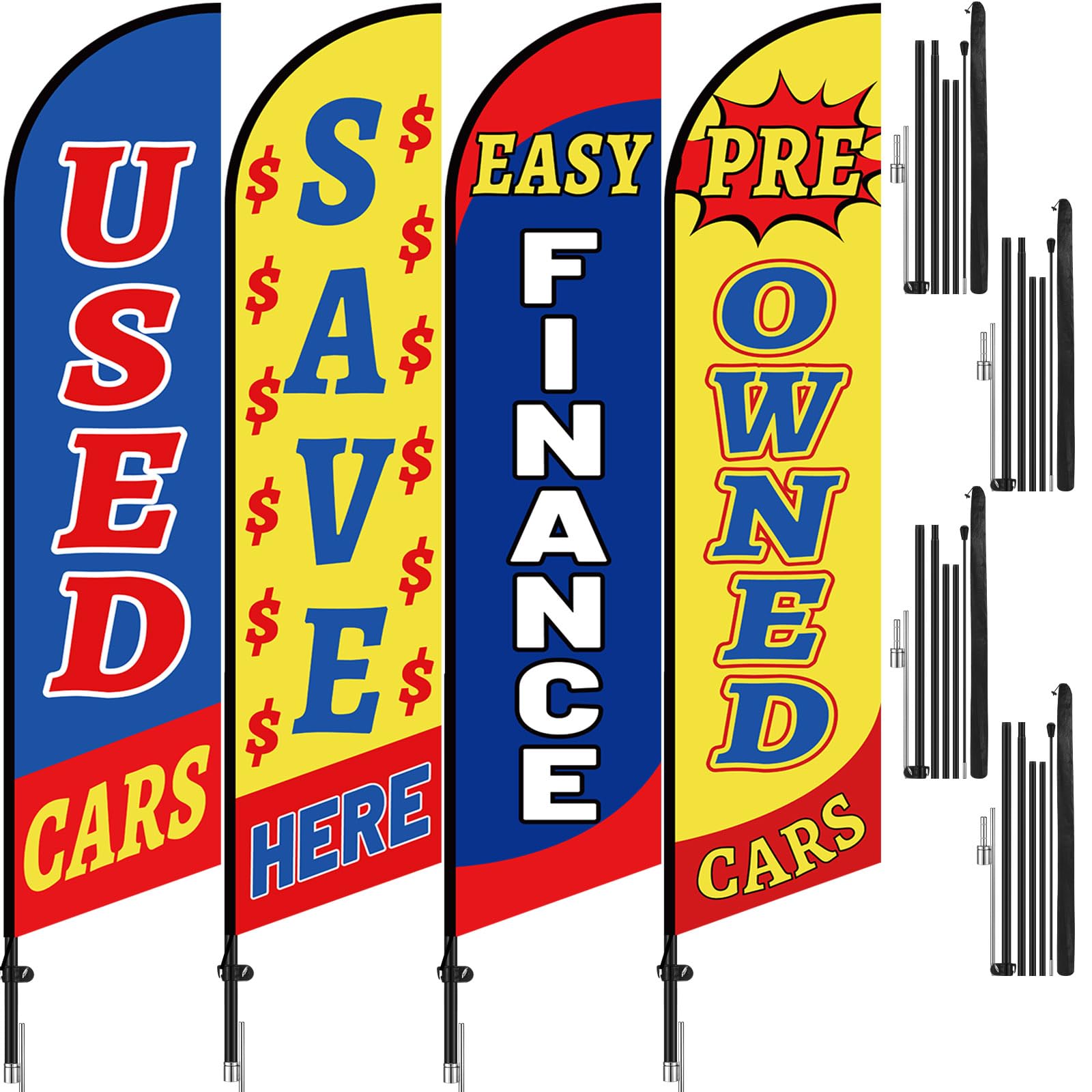 Photo 1 of Remagr 4 Sets/ 8 Pcs Used Cars Flag Pole Kit 15 ft Second Hand Cars Dealer Flags Set Includes 4 Pole and 4 Flag Car Dealership Supplies Finance Pre Owned(Bright Color)