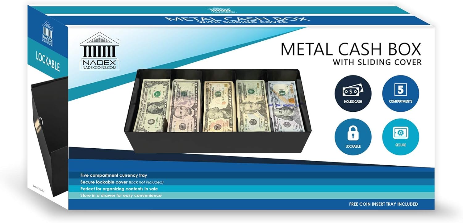 Nadex Lockable Metal 5 Compartment Currency Tray with Coin Tray Insert and Bill Wrappers | Cash Box with Sliding Lockable Cover | Lock not Included : Office Products