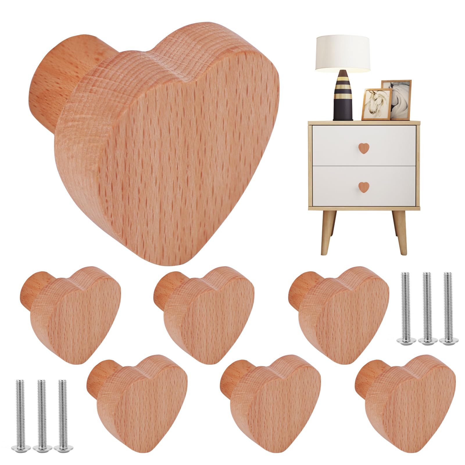 ALLOMN 6PCS Cabinet Knobs, Solid Wood Door Drawer Handles Cute Heart Shape Furniture Pull Handle Log Color Wooden Door Knobs with Screws for Children's Room Bedroom Kitchen Bathroom