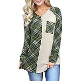 BAIKEA Womens Long Sleeve Buffalo Plaid Shirt Loose Fitting Patchwork Raglan Check Tops
