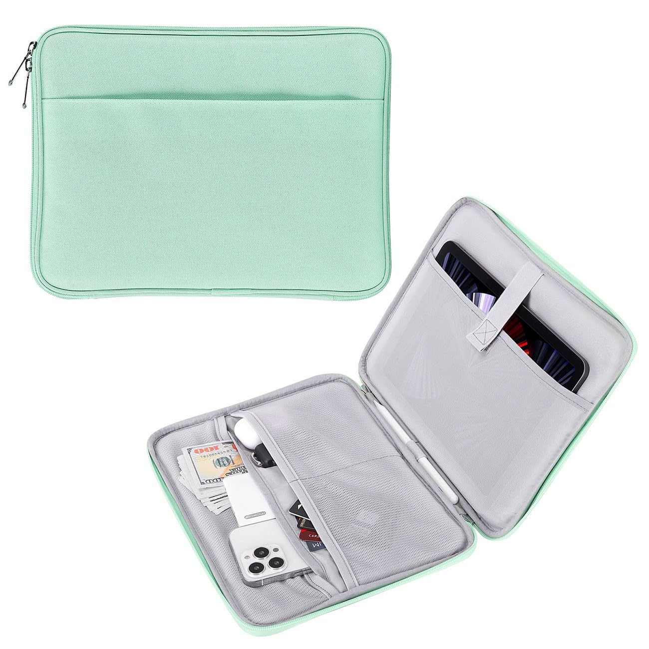 MoKo 9-11 Inch Tablet Sleeve, Protective Carrying Bag with Two Compartments Fits New iPad Air/Pro 11 inch 2024, iPad Air 5/4th 10.9, iPad 9/8/7th 10.2, iPad 10th 10.9, Tab S8/S9 11, Mint Green