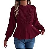 Womens Fall Winter Cute Long Sleeve Peplum Sweater Casual Crew Neck Slim Fit Cable Knit Ruffle Pullover Jumper Tops