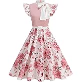 Bow Tie Neck 1950s Polka Dot Dresses for Women Vintage Floral 50s Audrey Hepburn Rockabilly Cocktail Swing Dress with Belt