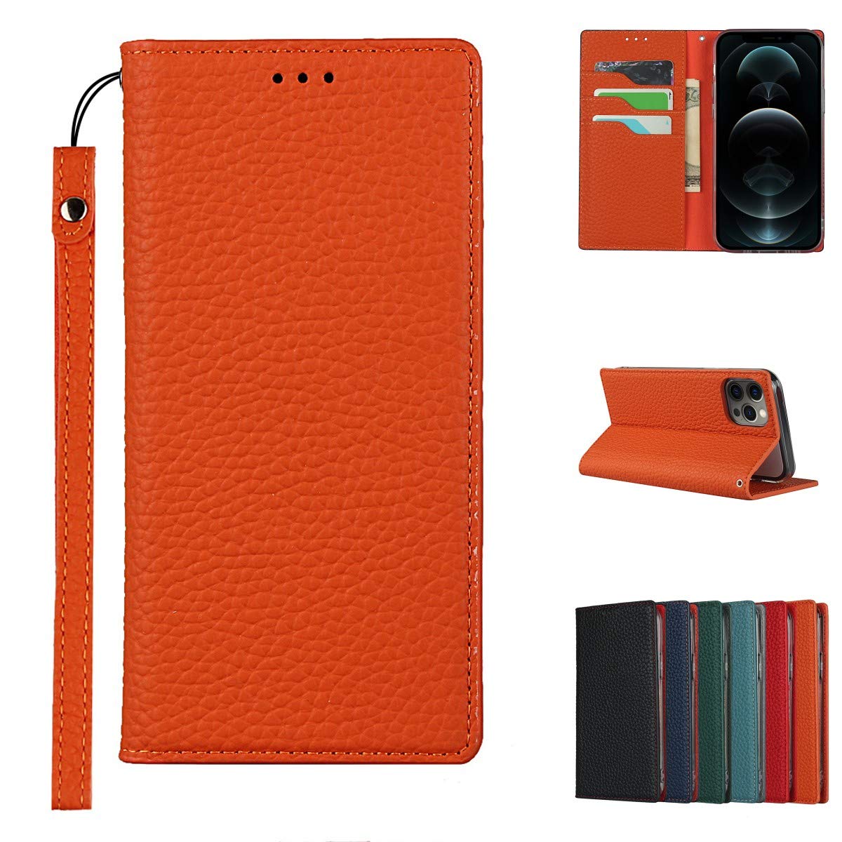 Copmob Case Compatible for iPhone 12 Pro Max With Card Holder With Strap,Genuine Leather Flip Wallet Case,[3 Slots][Magnetic Closure][RFID-Blocking],Phone Case Cover for iPhone 12 Pro Max - Orange