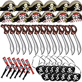 Funny Pirate Party Hats 48 PC Set – Pirate BirthdayParty Favors for Kids - 12 Pirate Hats, 12 Patches, 12 Swords, 12 Telescopes