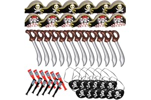 FUNNY PARTY HATS Funny Pirate Party Hats 48 PC Set – Pirate Birthday Party – Pirate Party Favors for Kids - 12 Pirate Hats, 12 Patches, 12 Swords, 12 Telescopes