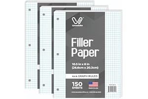 Woodlake Loose Leaf Graph Paper, 4x4 Quad Ruled Notebook Paper, 8 x 10.5” Graphing Paper, 150 Sheets per Pack, 3 Pack Filler Paper, 3 Hole Punched, Made in USA
