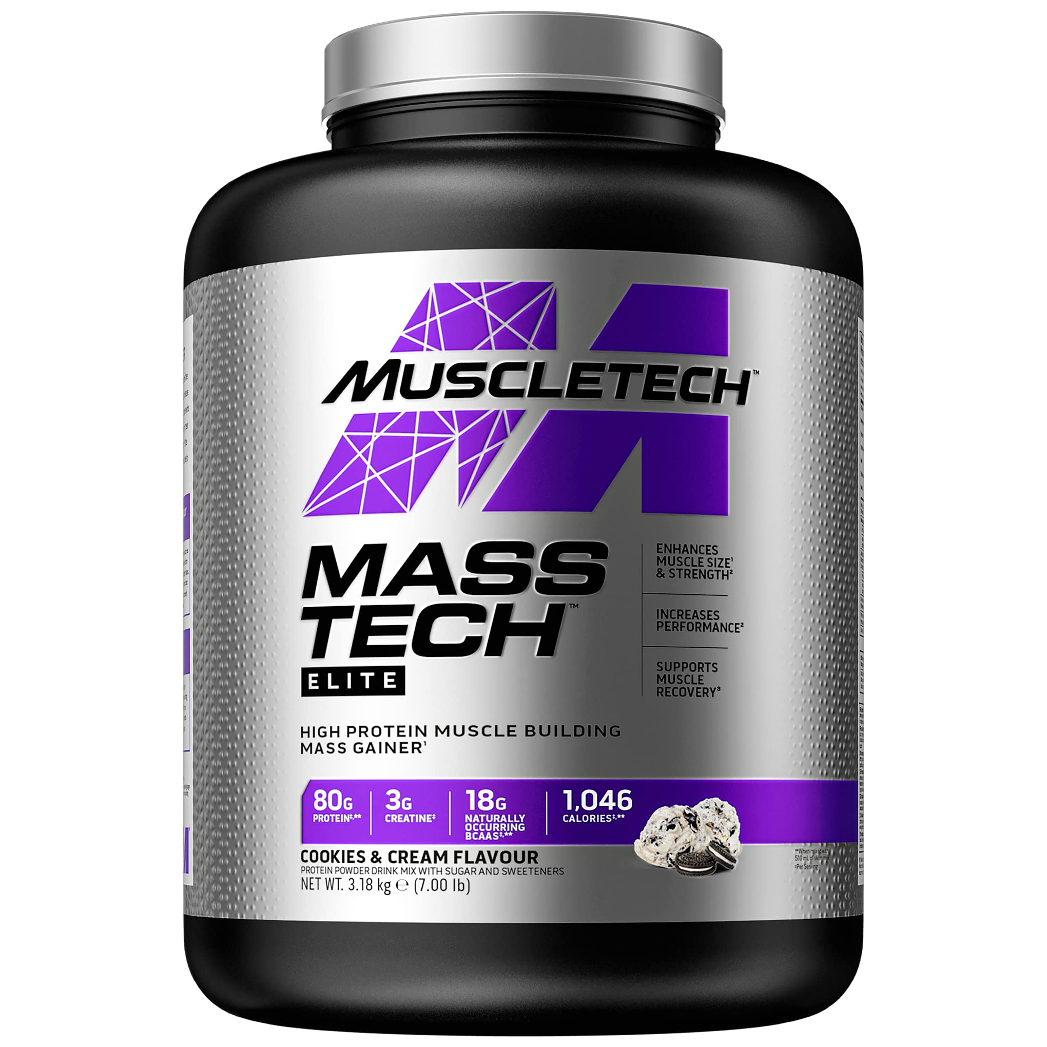 MuscleTech MassTech Elite Protein Powder, Weight & Muscle Mass Gainer, Whey Isolate Mass Protein Powder With 3g Creatine, 80g Protein, 18g BCAA, 14 Servings, 3.2kg, Cookies & Cream โ image 1