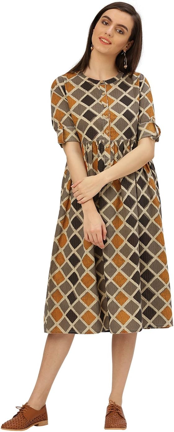 Desi Fusion Women's A-Line Geometric Print Cotton Kantha Dress