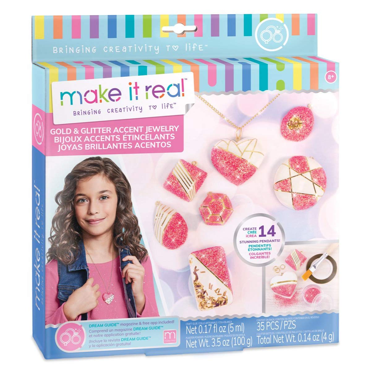 Make It Real – Gold & Glitter Accent Jewelry. DIY Necklace & Pendant Making Kit for Girls. Arts and Crafts Kit Guides Kids to Create Unique Gold and Glitter Pendants for Necklaces