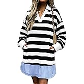 MISSACTIVER Women's Tunic Striped Dress Collar V Neck Long Sleeve Casual Mini Dresses Loose Flowy Shift Dress with Pockets
