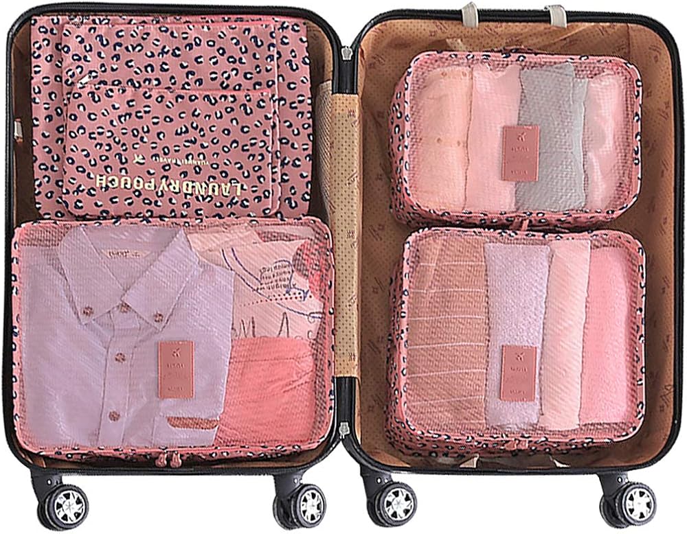  | Luggage Cubes, Mossio 7 Pack Lightweight Toiletry Organizer Space Saver Travel Accessories Pink Leopard | Packing Organizers
