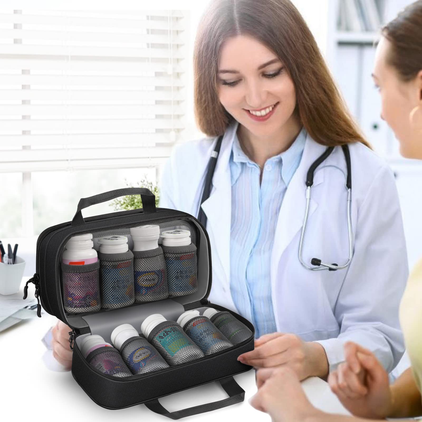 SITHON Pill Bottle Organizer Medicine Storage Bag Medication Travel Carrying Case Manager with Handle, Detachable Pockets Modular for Medications, Vitamins, Medical Supplies (Black)