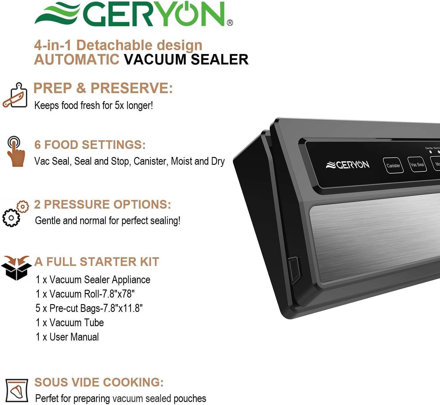 GERYON Vacuum Sealer Machine, Automatic Food Sealer for Food Savers w/Starter Kit|Led Indicator Lights|Easy to Clean|Dry & Moist Food Modes| Compact Design (Silver): Kitchen & Dining