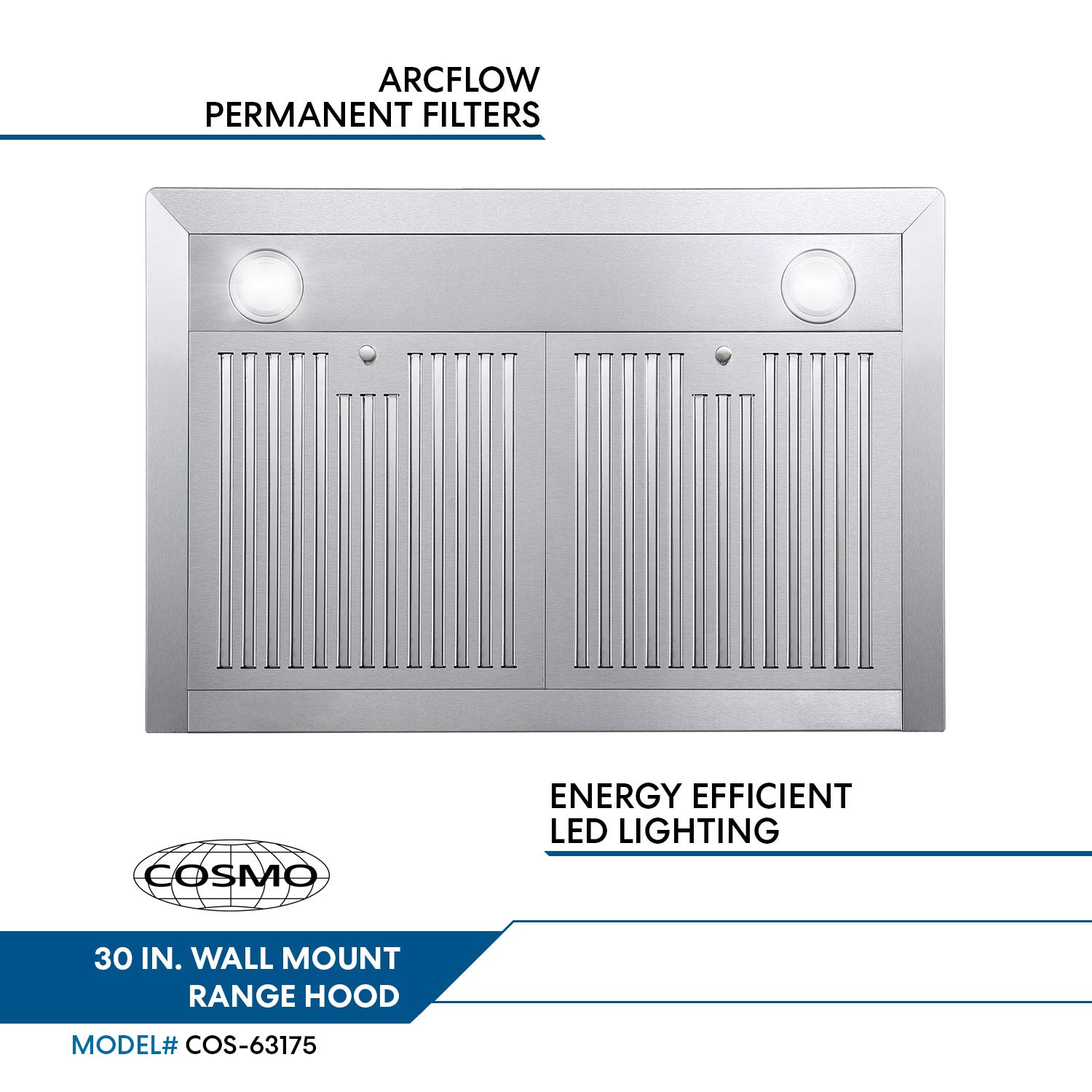Cosmo 63175 30in WallMount Range Hood 760CFM Ductless Convertible