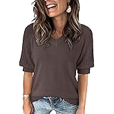 Women Half Sleeve Knitted Sweater, Fall Summer Solid Hollow Crochet Top - V Neck, Elasticity, No Pilling, Lightweight