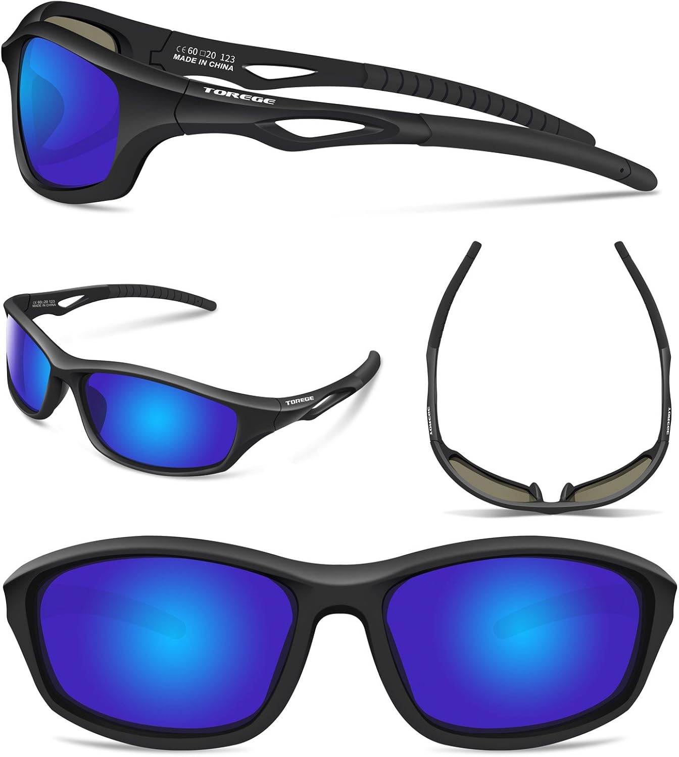 TOREGE Polarized Sports Sunglasses for Men Women for Cycling Running Fishing Golf TR90 Unbreakable Frame TR010-1 (Black&Black Tips& Blue Lens) : Clothing