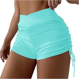 Swim Shorts Women V Cross High Waisted Ruched Side Tie Boy Shorts Tummy Control Swim Bottom Bathing Suit Bottoms
