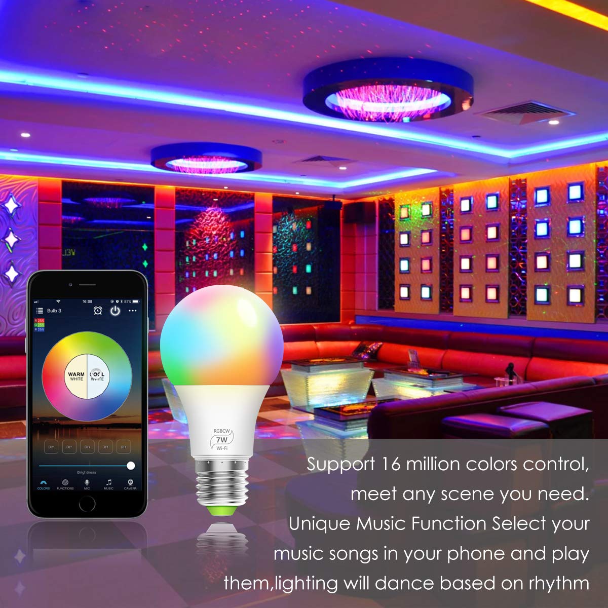 WiFi Dimmable Smart Light Bulb Bistee Smart WiFi Bulb E26 7W RGBW