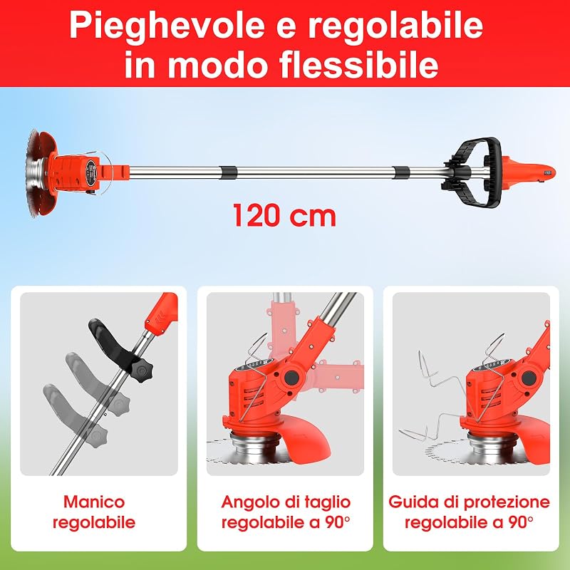 Tosaerba a batteria, Dotato di due batterie da 21 V, 4 lame, tosaerba triplo pieghevole, tosaerba da giardino a batteria per prati, arbusti e cespugli. — foto 7 di 8