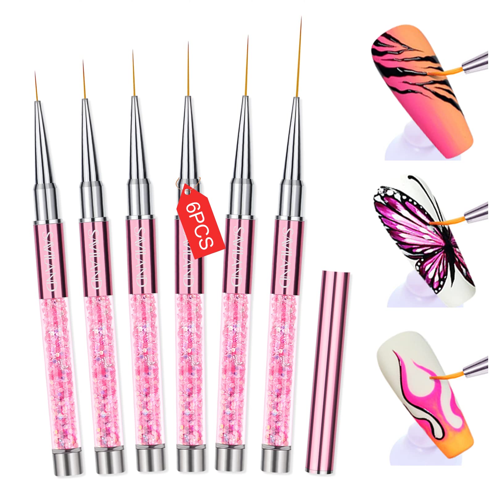 Saviland Nail Art Brushes: 6Pcs Rose Gold Liner Nail Design Brushes Liner Painting Nail SuppliesTools Kit for Drawing Lines French Manicure Nail Salon Home DIY Use