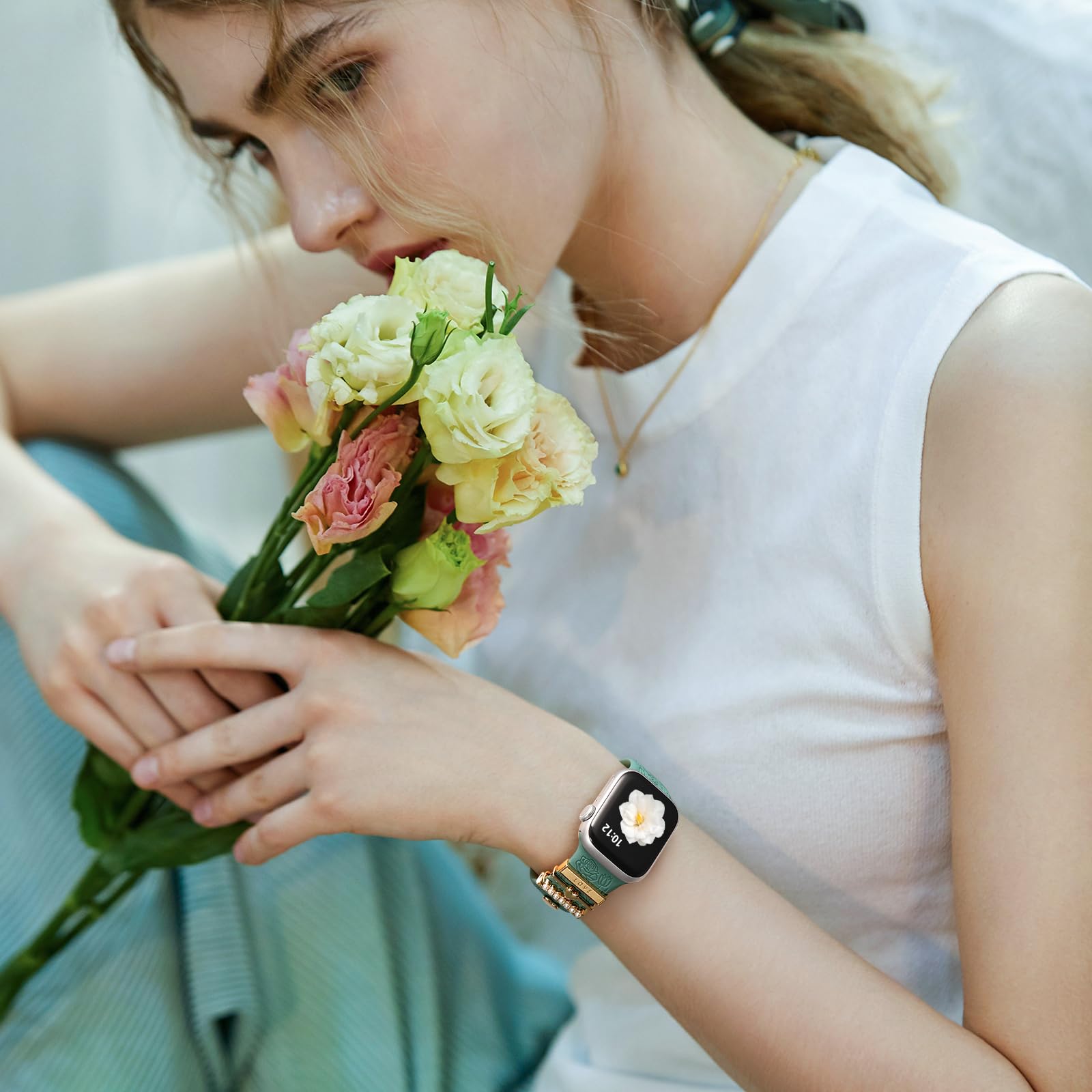 DaQin Flower Engraved Band Compatible with Apple Watch Bands for Women 40mm 38mm 41mm 42mm, Soft Silicone Band With Decorative Apple Watch Charms for iWatch Series 10 9 8 7 6 5 4 3 2 1 SE