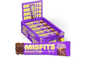 Misfits Vegan Protein Bar, High Protein, Low Sugar, Gluten Free, Plant Based Protein Bar, 12 Pack (Caramel Fudge) - 15g prote