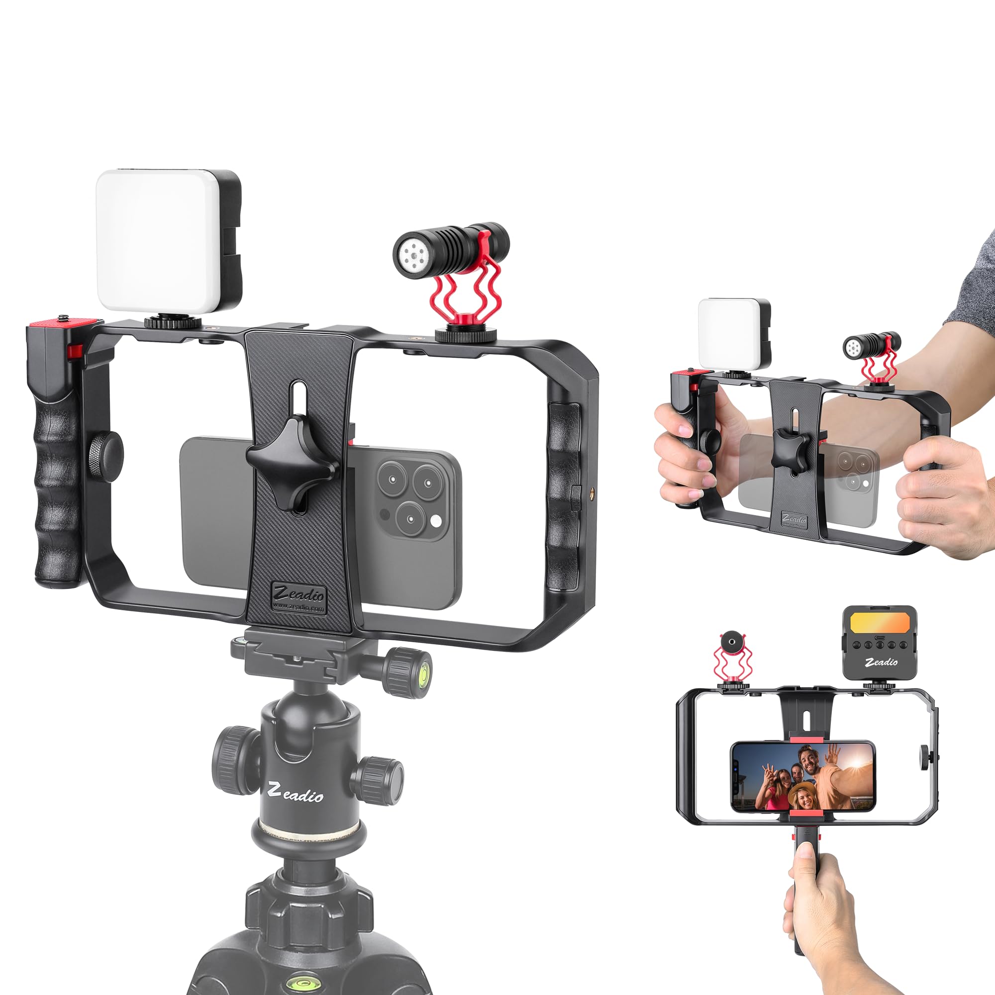 Zeadio Universal Smartphone Vlogging Kit with RGB Light & Microphone - Cell Phone Stabilizer Cage for iPhone/Android, Content Creator etc