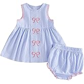 SHUING Toddler Baby Girl Summer Outfit Bow Embroidered Striped Sleeveless Tank Tops and Shorts Set 2pcs Infant Clothes 0-4T