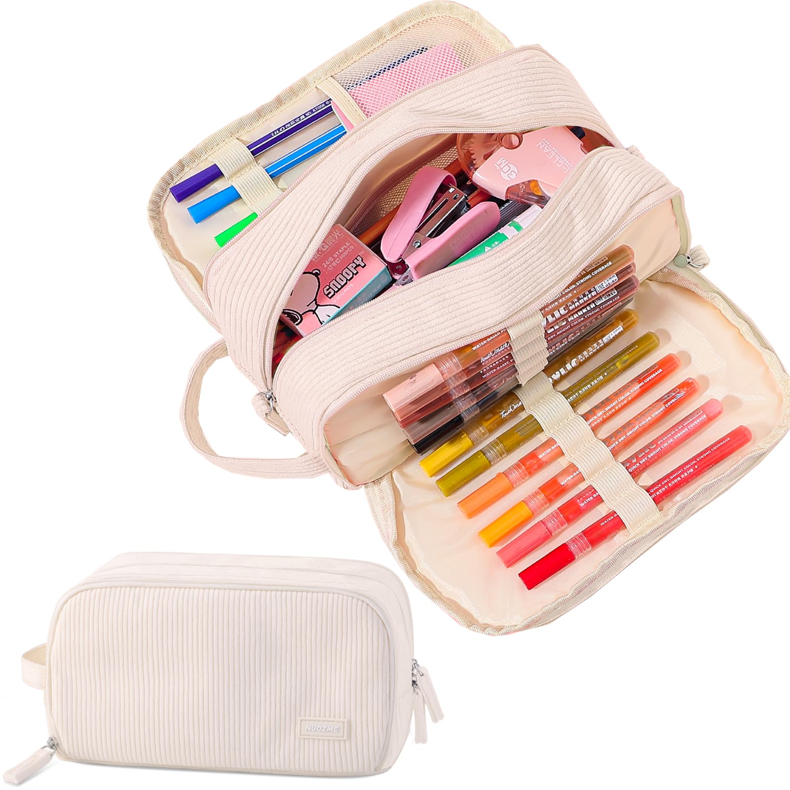 Photo 1 of Nuozme 3 Compartment Pencil Case, Extra Large Capacity School Supplies Pencil bag with Easy Handle, Soft Corduroy Pencil Pouch, Aesthetic Supply Pen Case Bag Organizer For Teen Girls College (Beige)