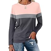 ORANDESIGNE Women's Color Block Long Sleeve Tunics Tops Casual Striped Crew Neck Shirts Loose Blouses