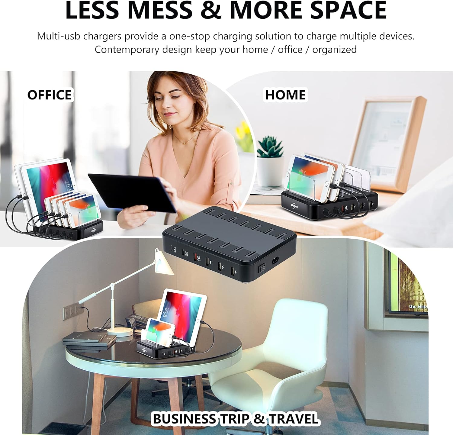 TZONOO 2PD 84W USB Charging Station 6 USB Ports Fast Multi Charger Stand Organizer Heavy Duty Dividers for Cell Phones Tablets Smartphones Electronics for iPhone 12/11 Apple Andiro Home Office(Black): Electronics