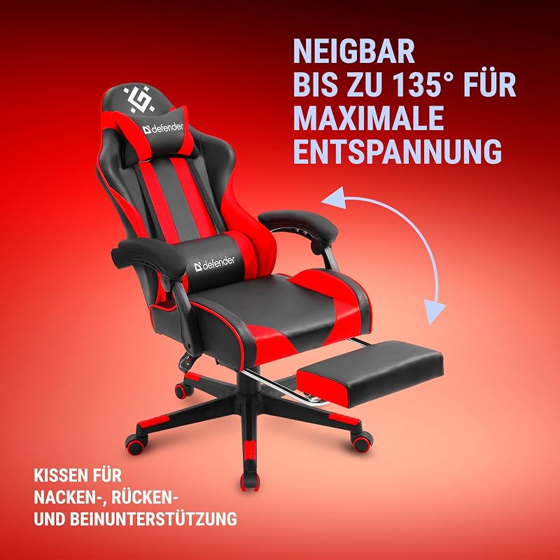 Rock Gaming Chair – Poltrona ergonómica com apoio para os pés – Pele sintética – encosto a 135° – Edição Comfort – Até 120 kg – Preto Vermelho