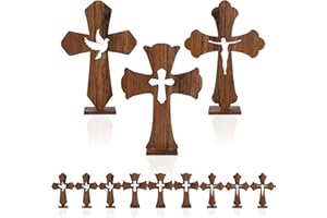POILKMNI 12 PCS Catholic Wood Crosses for Baptism Decor Wood Crosses for Crafts Small Baptism Decor Rustic Standing Cross for Table First Communion Decorations with 12 Bases, 3 Styles