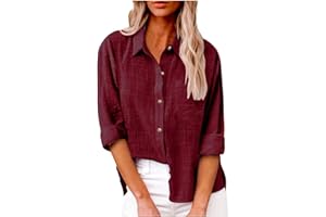 BOXIACEY Women's Button Down Shirts Short Sleeve Cotton Linen Shirts Collar V Neck Blouse Casual Loose Fit T Shirts