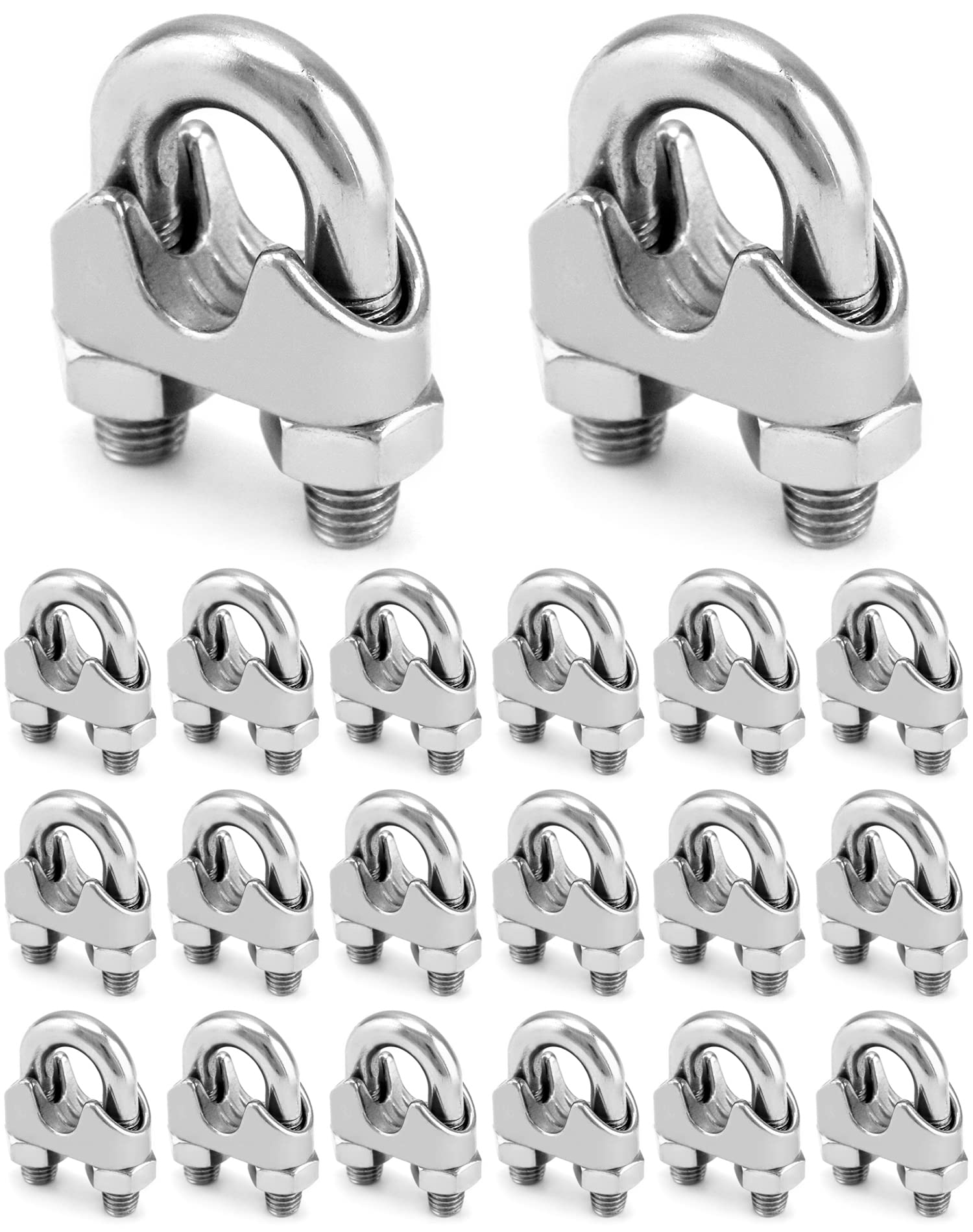 Photo 1 of QWORK 1/2" Wire Rope Clamp Clip M12, 20 Pack Large U Bolt Saddle Guy Fastener, 304 Stainless Steel Fastener Cable Clamps, Connect 2 Layers of Wire to Form a Loop